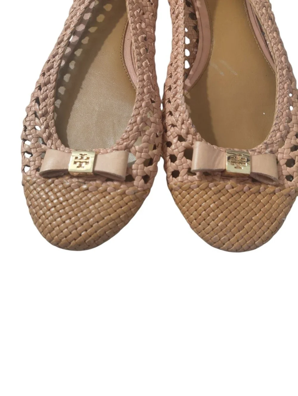 Tory Burch Carlyle Woven Bow Soft Pink Ballet Flats With Tan Cap Toes Sz 11